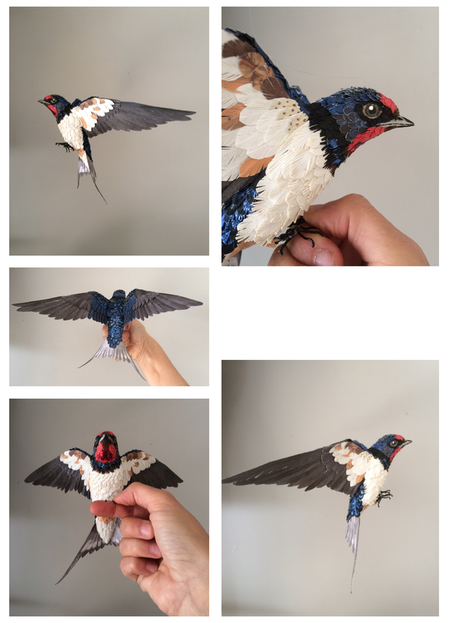 Hirondelle rustique  (15,5 x 23,5 x 15 cm) papier aluminium, papiers divers (de soie, scrapbooking, fond de studio photo, boite de g&acirc;teau), m&eacute;tal de canette, clous de tapissier, ruban bolduc, fil de fer (muselet),