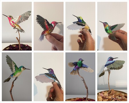 Quelques exemples de colibris , r&eacute;alis&eacute;s avec du papier aluminium, du papier de soie d'emballage, cure-dent, (pour le bec), chutes de grillage &agrave; poule (pour les pattes), bois de cagette ou carton gris (ossature des ailes), papiers divers, bolduc, m&eacute;tal de canette. ceux-ci &eacute;taient vendus sous cloche de verre.