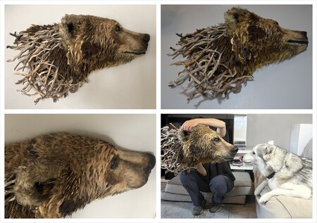 Ours brun 2 (carton, papiers divers, cuir synth&eacute;tique, caissettes de chocolat en papier, bois de lierre, capsules de tablette de m&eacute;dicament, textiles divers, fourrure synth&eacute;tique, charbon de bois, m&eacute;tal rouill&eacute;, semences de tapissier, capsules de bouteille, grille en plastique pour plaques de pl&acirc;tre, plastique noir de b&acirc;che, moule de g&acirc;teau en papier, corde en fibres de coco, moustiquaire en plastique jaune, m&eacute;tal de canette, bijoux, tessons de bouteille, filet de pomme de terre, grille m&eacute;talliq