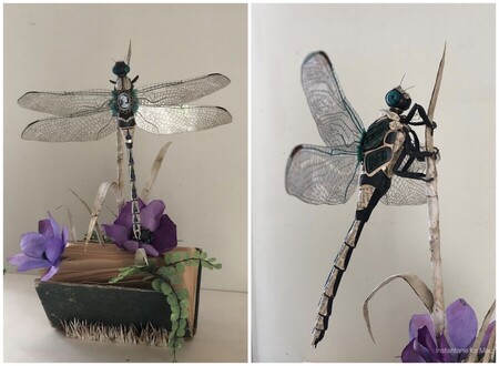 libellule livre (Pour la libellule: fil de fer, papiers divers, perles, crins de cheval, plastique fin transparent de boite alimentaire, chambre &agrave; air de v&eacute;lo, tissus velours, fourrure synth&eacute;tiques. Pour le support: couverture de livre, pages de livre, panneau bois de sous-verre, papier recycl&eacute;, fleurs en filtre &agrave; caf&eacute;, fil de fer)