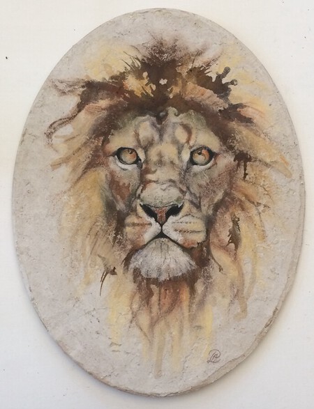 lion, 20x25cm, encres, café, pastel gras